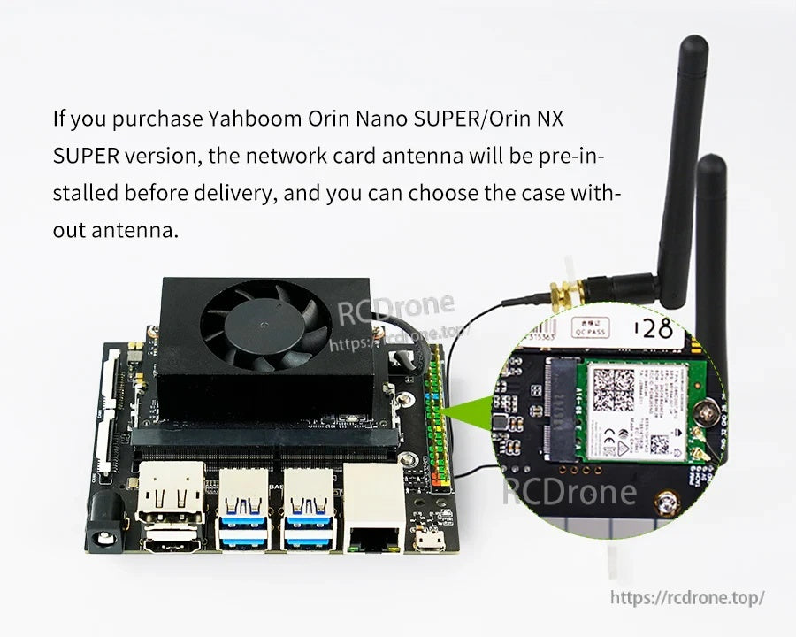 Orin Nano/Orin NX board with preinstalled WiFi antenna lead and external antenna (detail view)