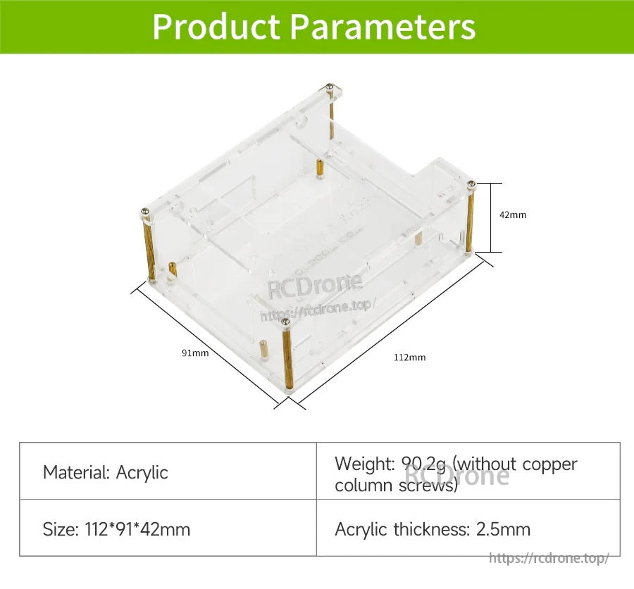 Acrylic case dimensions and specs: 112×91×42 mm, 2.5 mm thickness, 90.2 g weight (without screws)