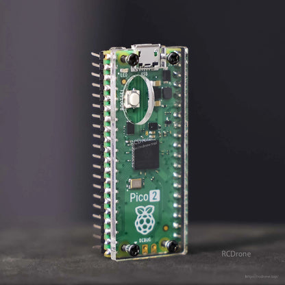 Side profile view of Pico 2 in clear acrylic case, showing micro USB port access and corner screws