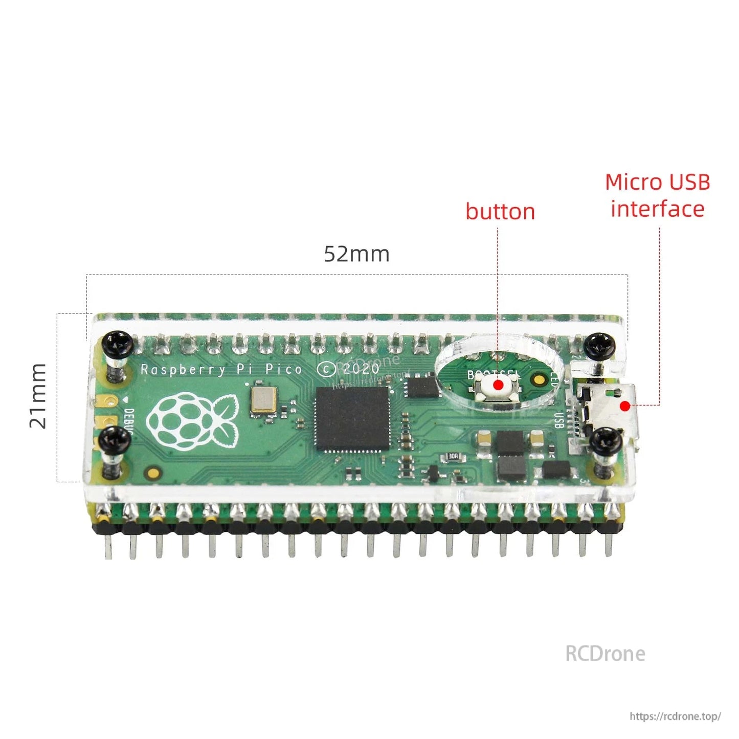 Case dimensions and access points shown: 52 mm x 21 mm, button opening and micro USB interface cutout