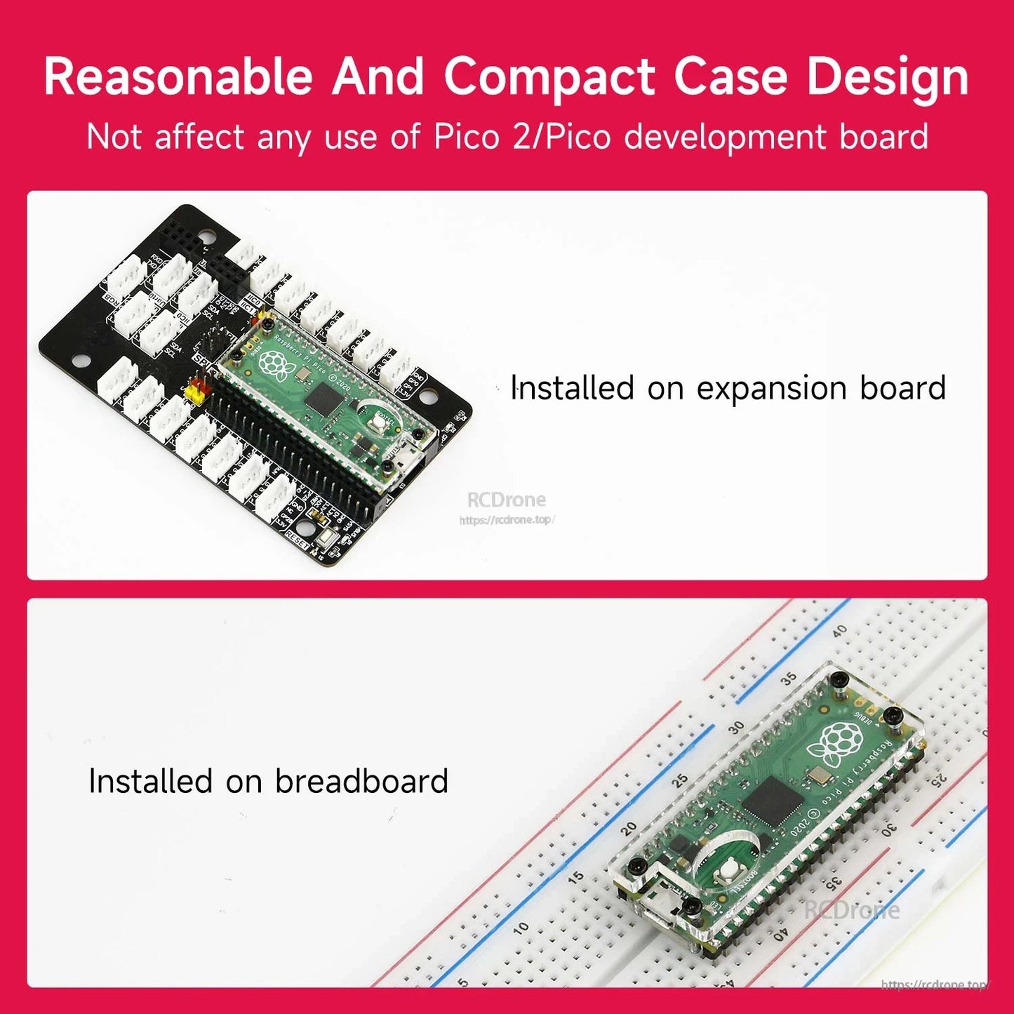Acrylic case on Pico board shown installed on expansion board and on breadboard for fit demonstration