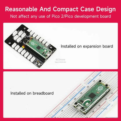 Acrylic case on Pico board shown installed on expansion board and on breadboard for fit demonstration