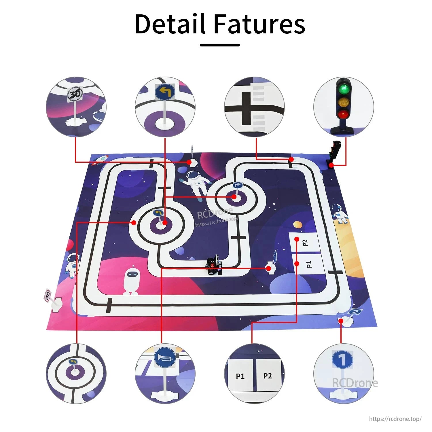 Detail features of the track map showing intersections, roundabouts, parking bays, signs and light