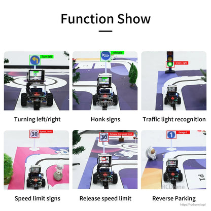 Robot car training scenes on track map: turning, honk sign, traffic light, speed limit and reverse park