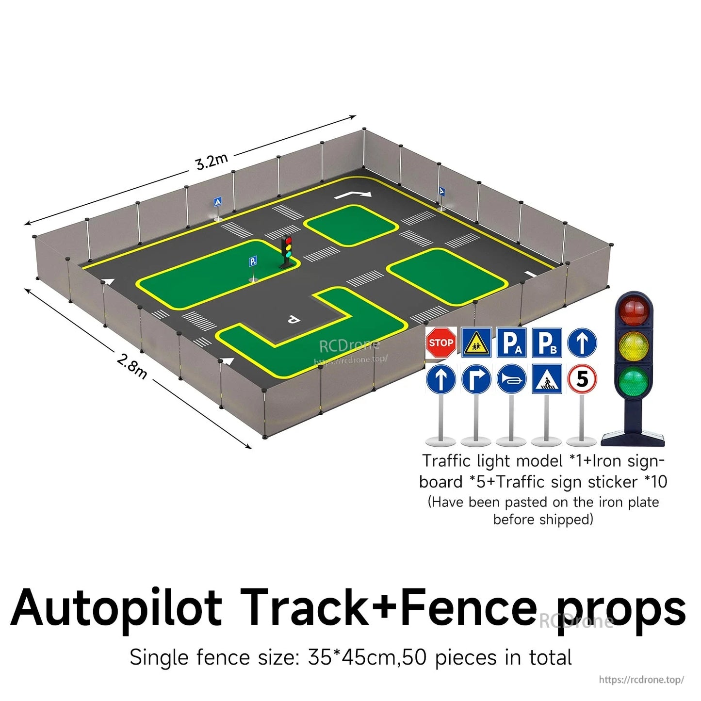 Autopilot track with fence props layout, 3.2m x 2.8m, shown as enclosed training area plus signs and light