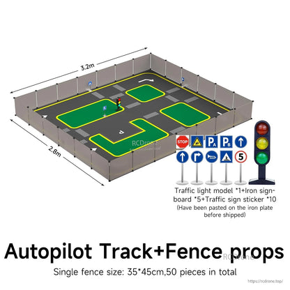 Autopilot track with fence props layout, 3.2m x 2.8m, shown as enclosed training area plus signs and light