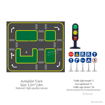 Package overview: autopilot track canvas 3.2m x 2.8m with traffic light model and assorted road sign stands