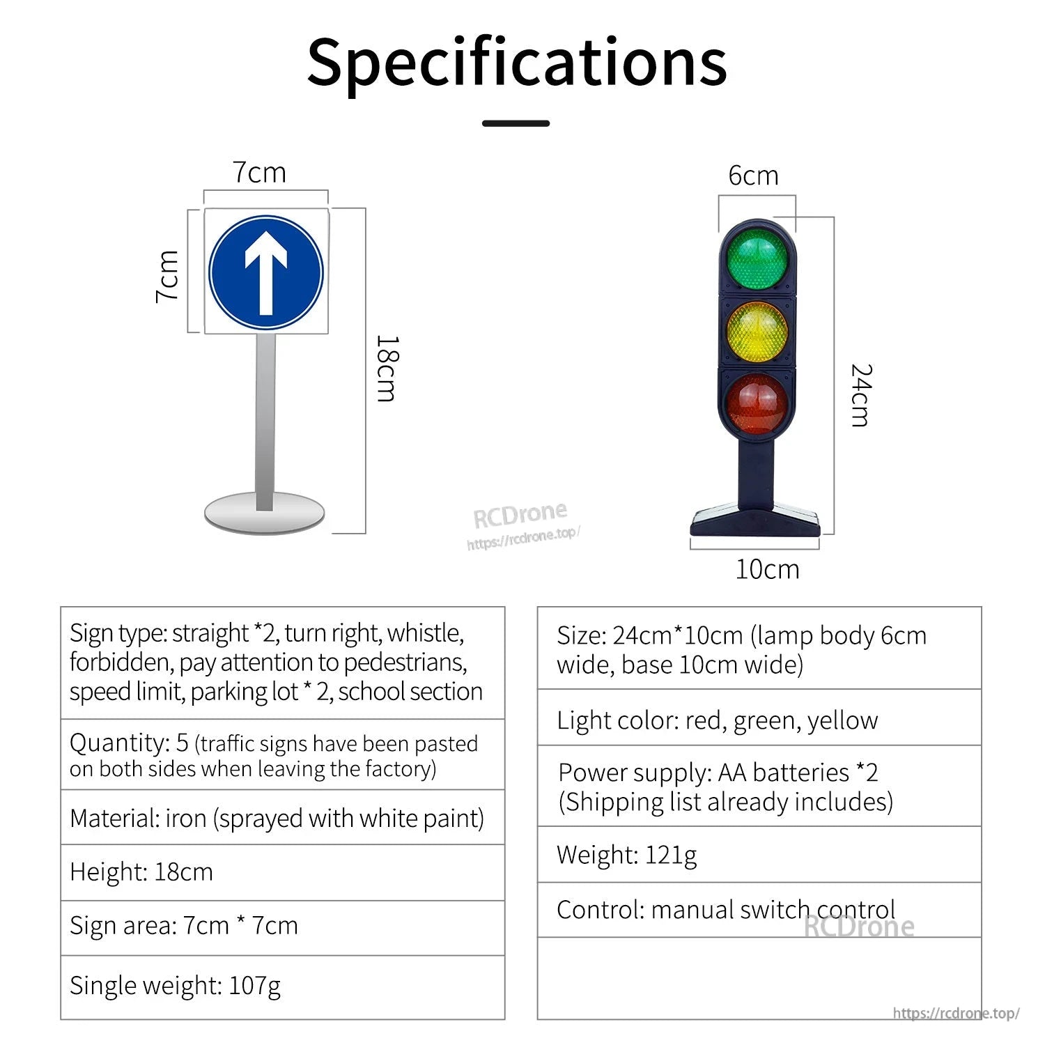 Traffic sign and traffic light specifications with dimensions, colors, quantity, and power supply notes