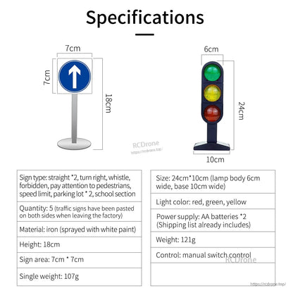 Traffic sign and traffic light specifications with dimensions, colors, quantity, and power supply notes