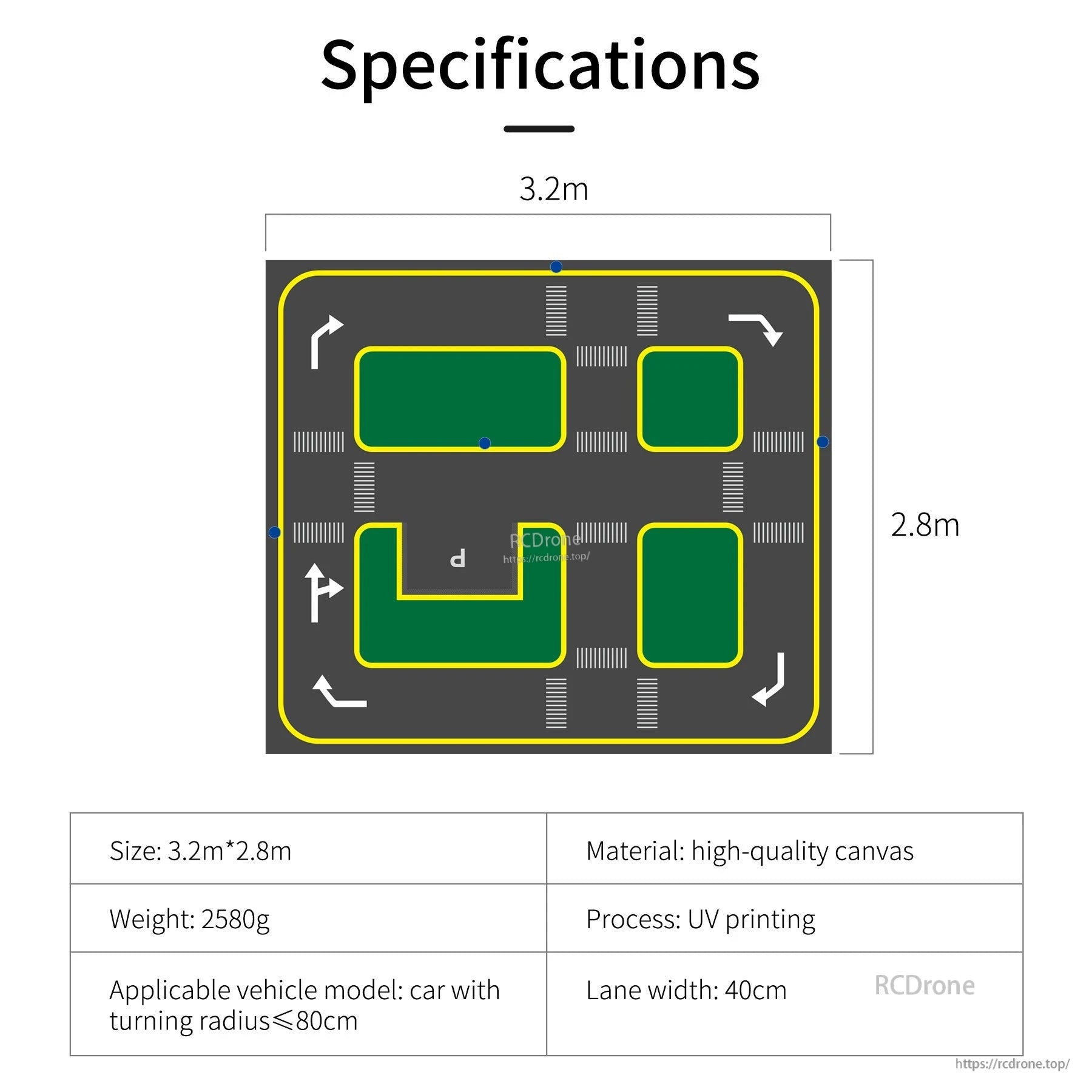 Specifications diagram for Yahboom autopilot track map canvas, 3.2m x 2.8m with UV printing and lane width