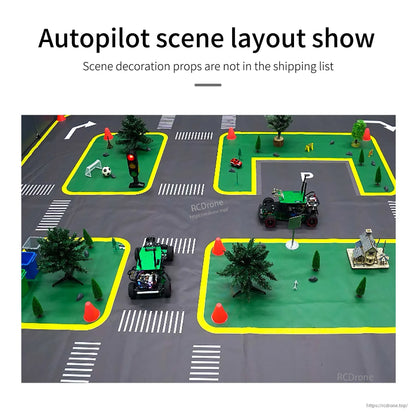 Autopilot scene layout example on the track map with robot cars, cones, trees, parking area and intersections