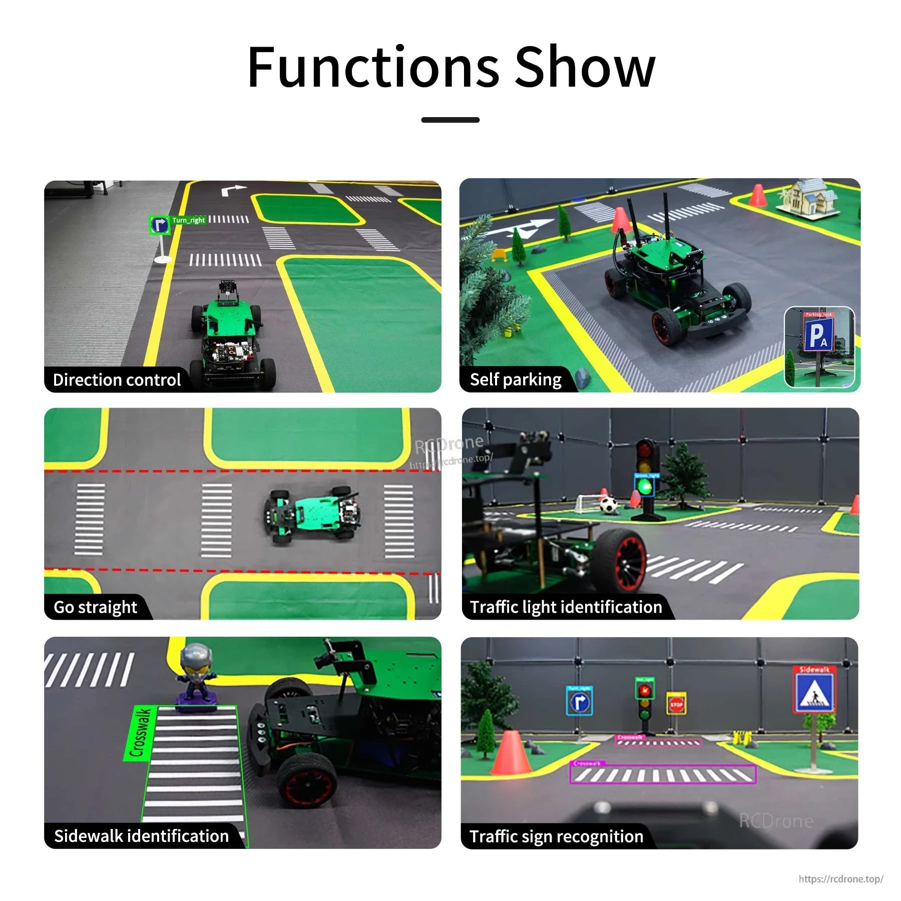 Functions show collage: direction control, self parking, go straight, sidewalk ID, traffic light and sign recognition