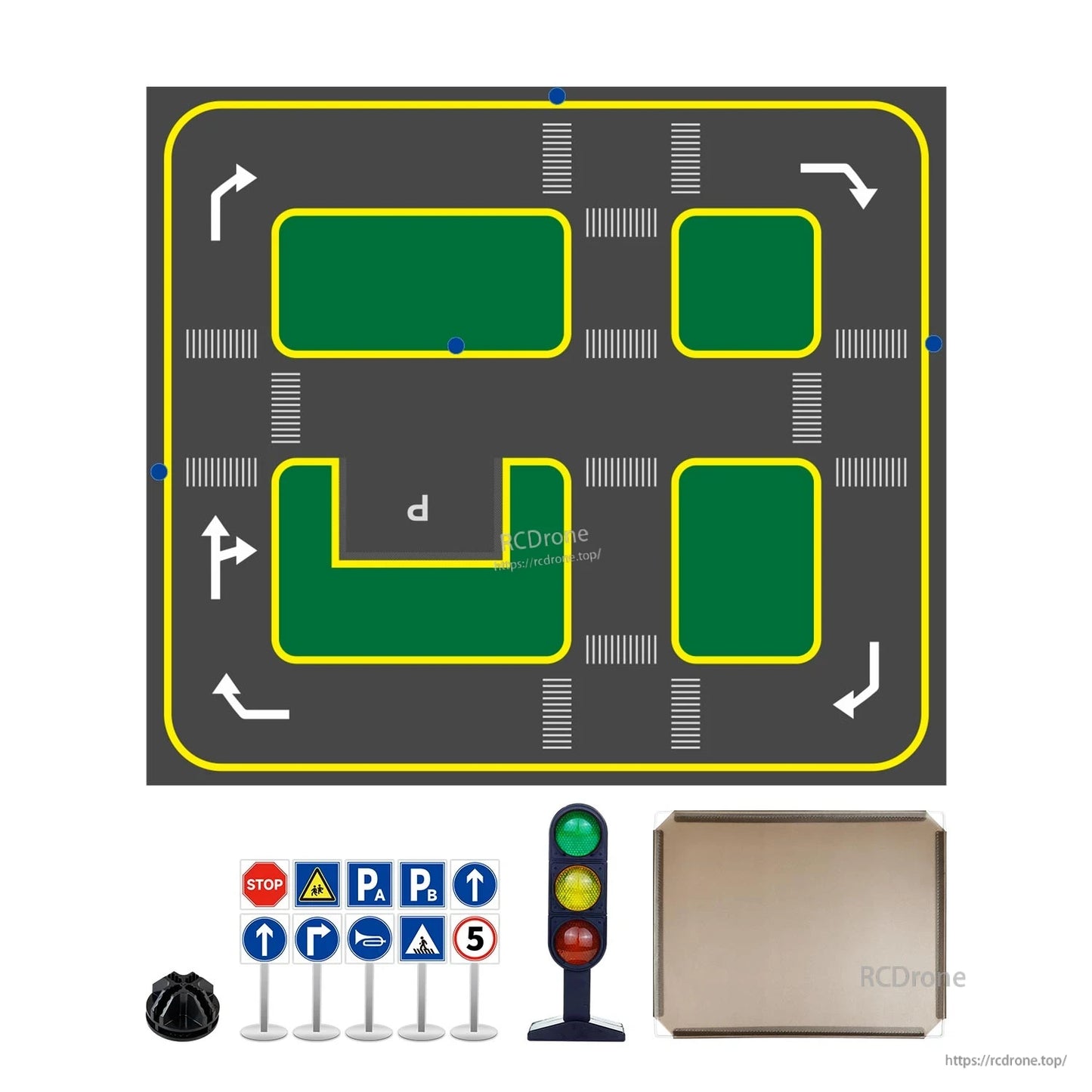 Included items shown with track mat, traffic signs set, traffic light model, and shipping carton/box
