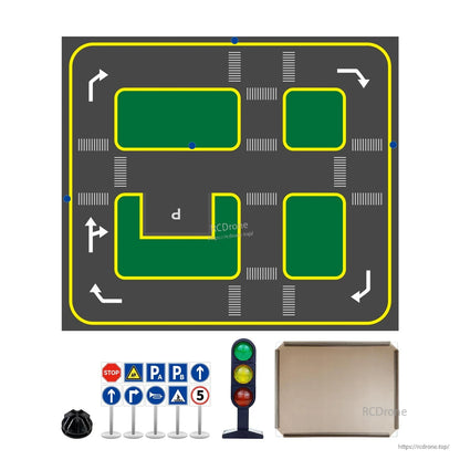 Included items shown with track mat, traffic signs set, traffic light model, and shipping carton/box