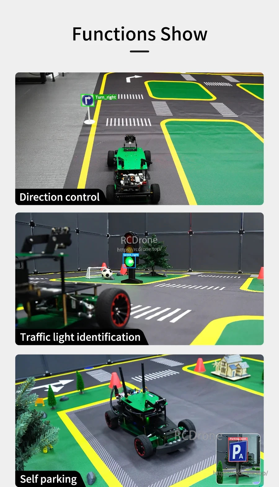 Robot car direction control, traffic light identification, and self-parking practice on the track mat
