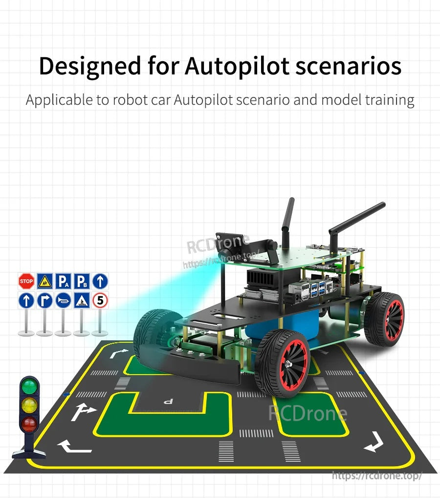 Robot car autopilot training setup on the track map with traffic signs and traffic light props