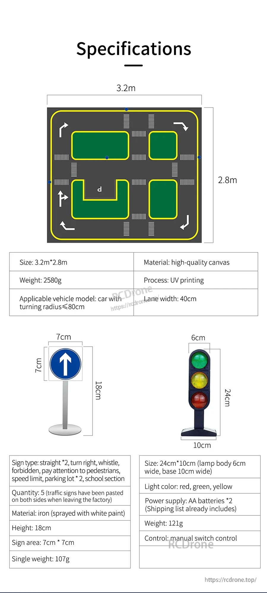 Specifications for 3.2m × 2.8m track map, plus included traffic signs and battery traffic light sizes