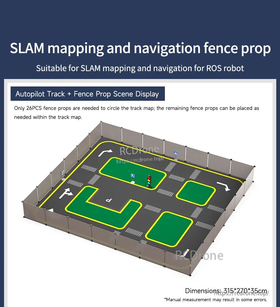 Track map enclosed by fence props for ROS SLAM mapping and navigation, with overall scene dimensions