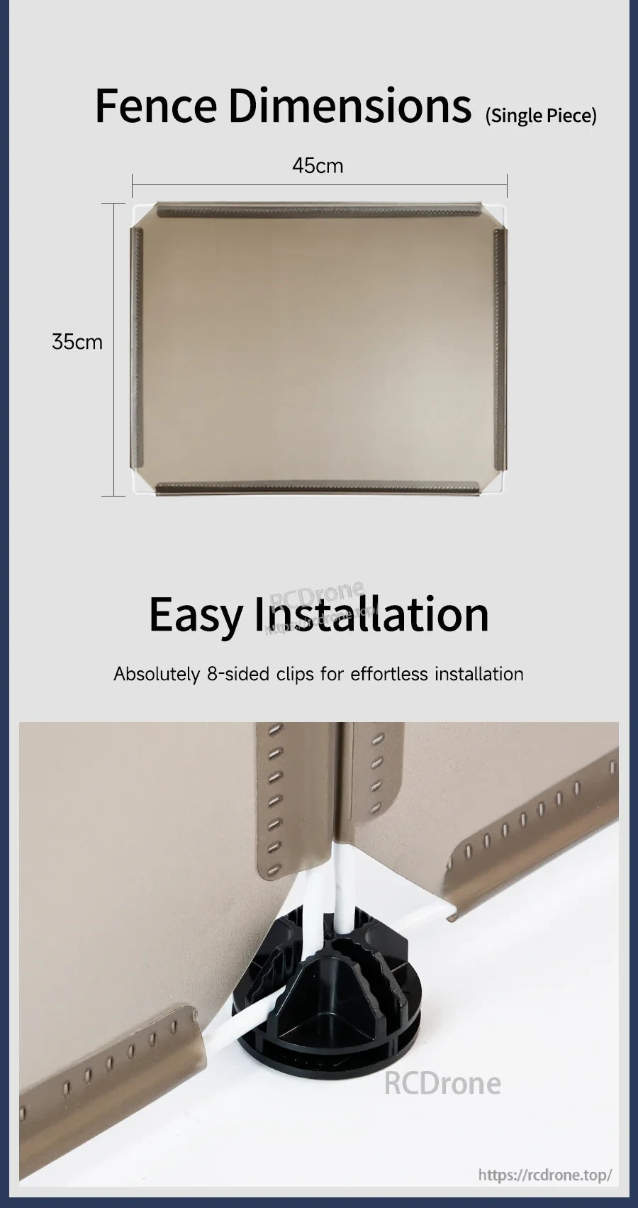 Single fence panel dimensions 45×35 cm and clip-based corner connection for easy installation