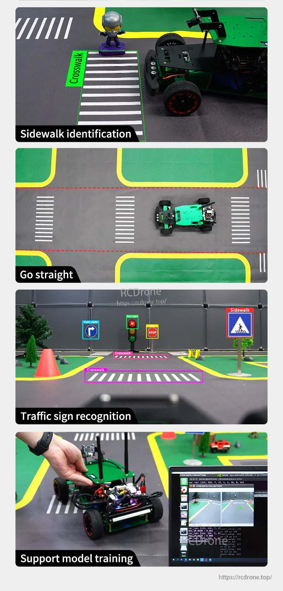 Sidewalk identification, go-straight behavior, traffic sign recognition, and model training examples