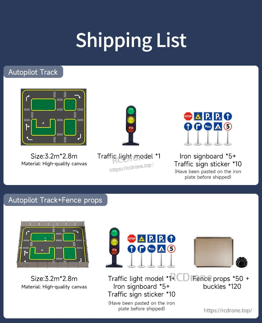 Shipping list for Yahboom autopilot track map 3.2m x 2.8m canvas, plus traffic lights and road signboard set options
