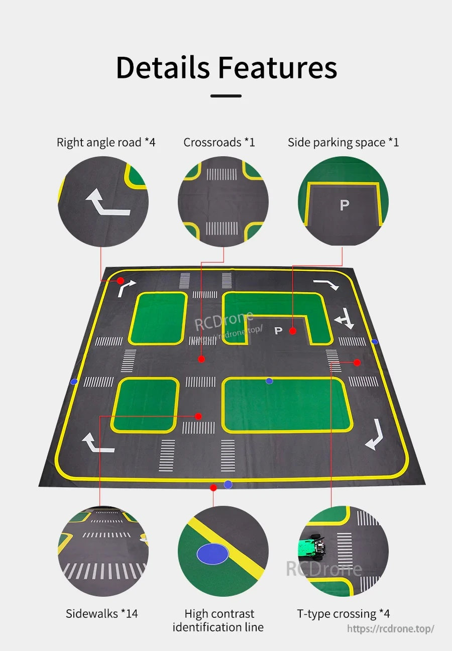 Track map detail features: right-angle roads, crossroads, parking space, sidewalks, T-junctions