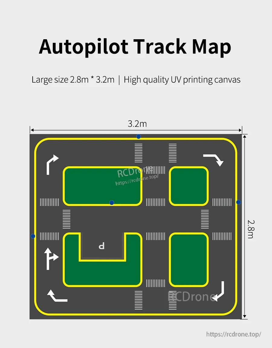 Autopilot track map canvas, 2.8m x 3.2m, with road layout, intersections, lane markings, and turn arrows