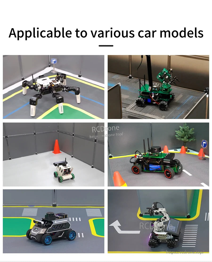 Various robot car models operating on the track map inside fence props for different training setups