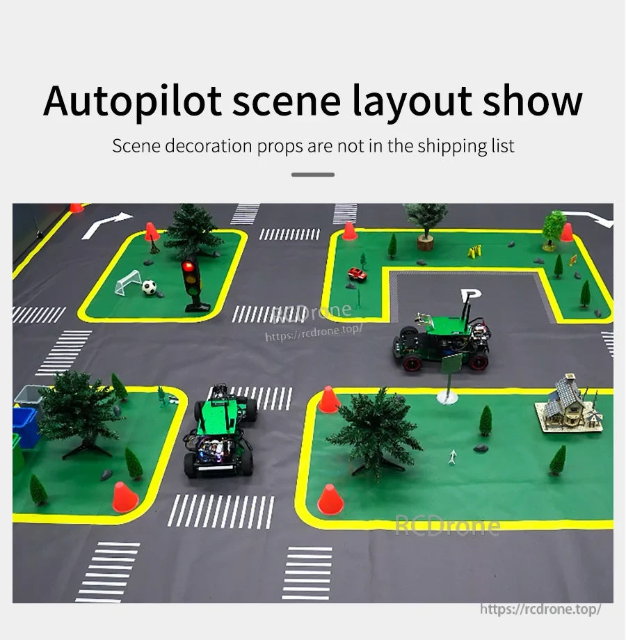 Autopilot scene layout on the track map with decorative props and multiple robot cars on the course