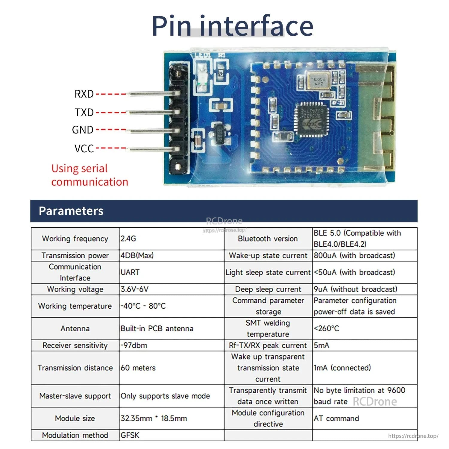 CC2541 BLE UART module pin interface diagram (RXD, TXD, GND, VCC) with parameter table