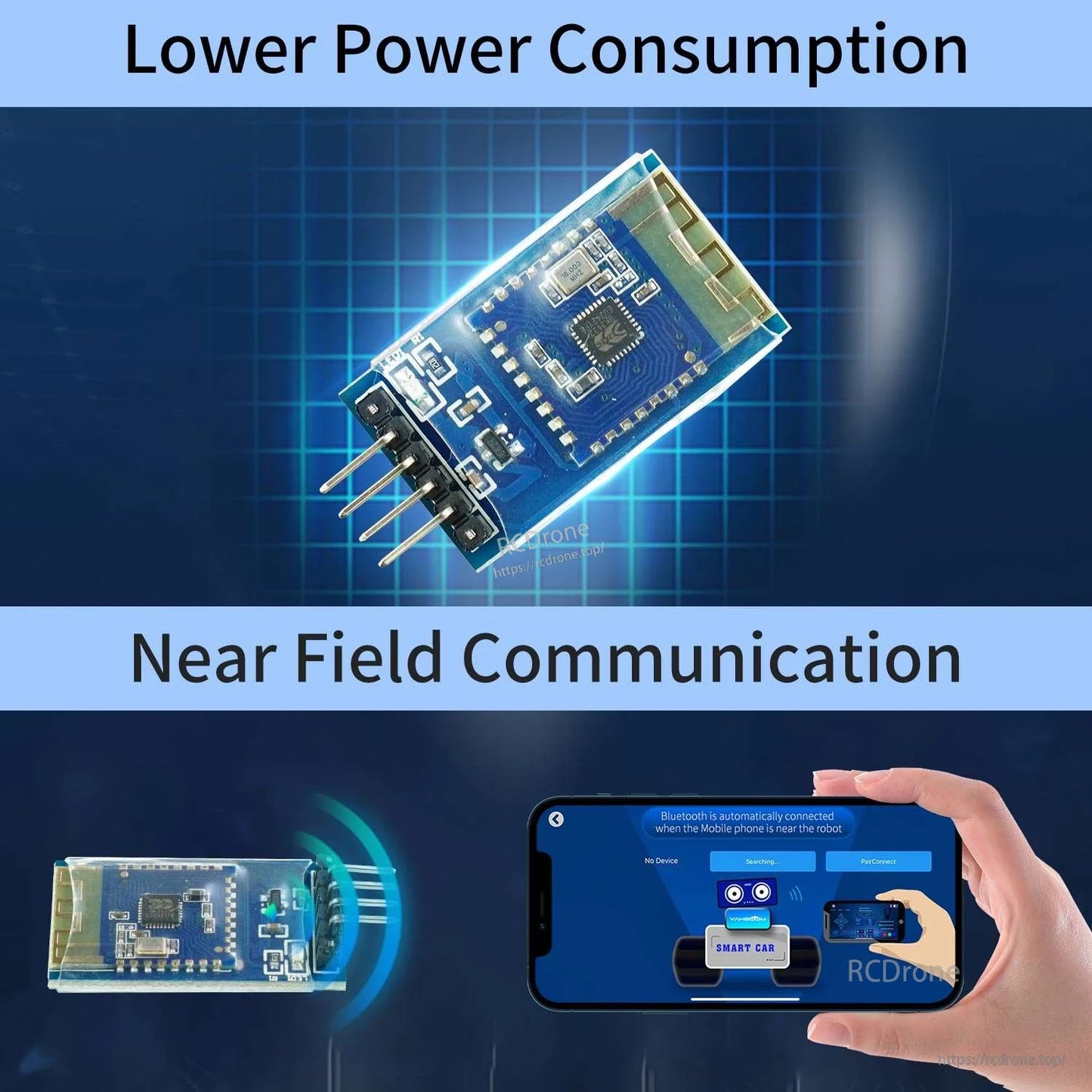 Bluetooth module graphic highlighting lower power consumption and near field communication with phone