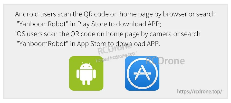 App download guidance with Android and iOS icons and store search instructions