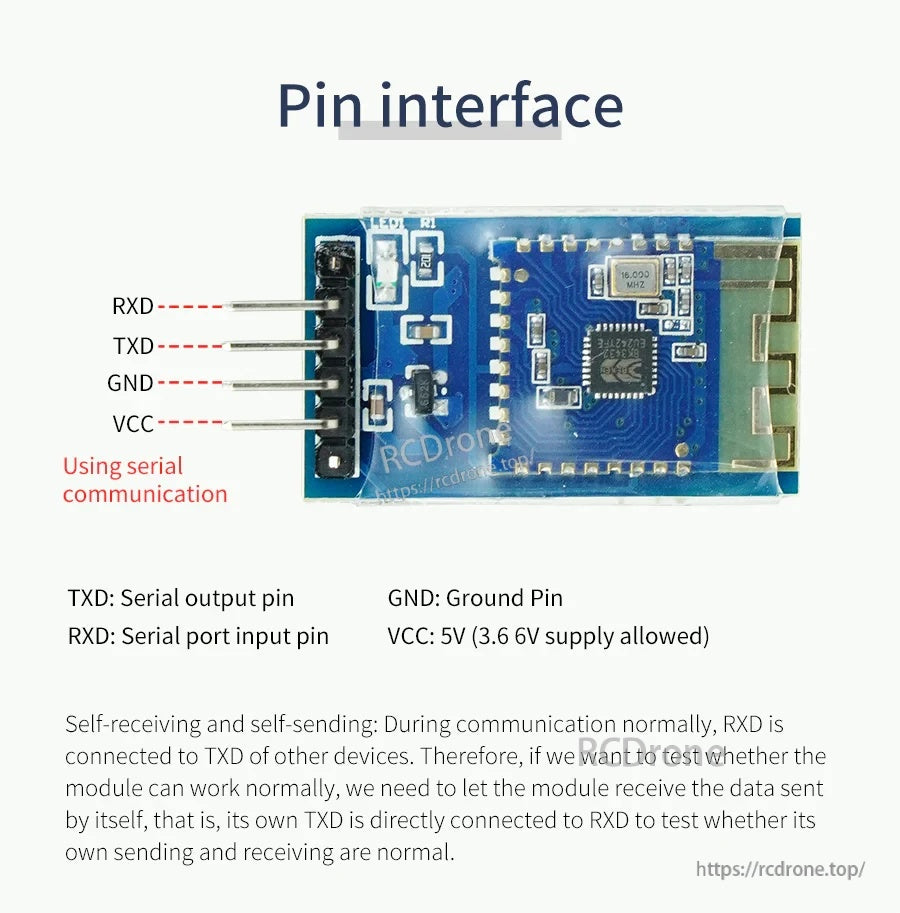 Pin interface diagram for UART header: RXD, TXD, GND and VCC (5V, 3.6V allowed)