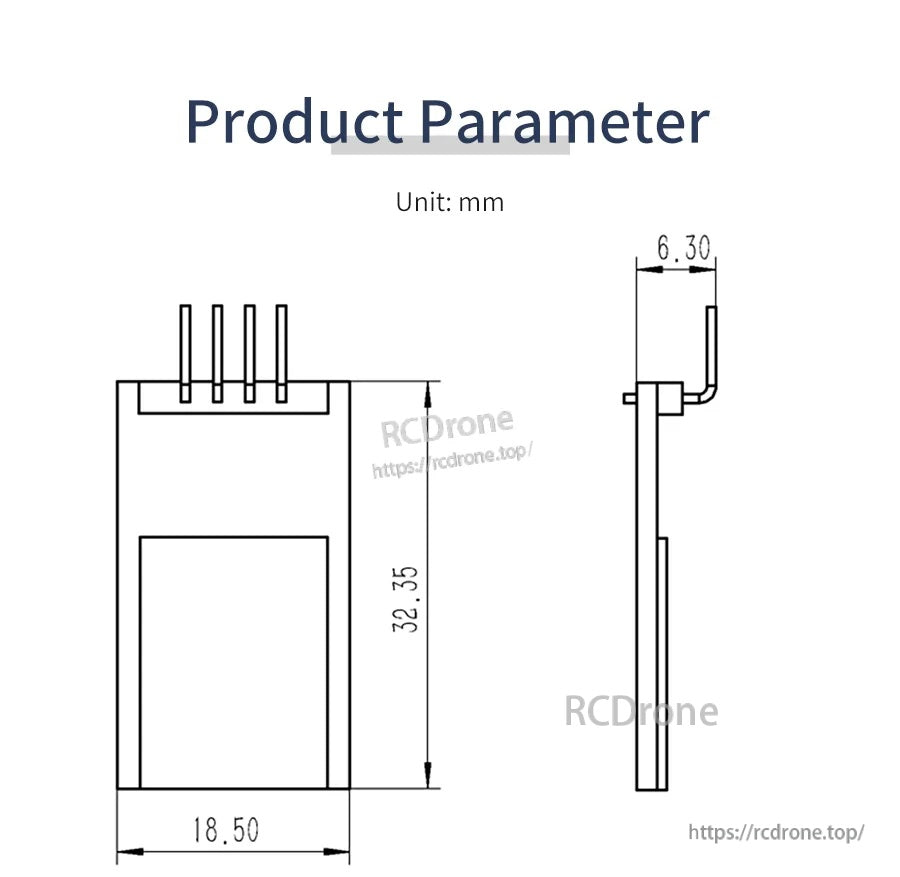 Mechanical dimensions drawing: module size 32.35 mm by 18.50 mm with 6.30 mm thickness detail