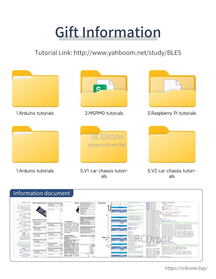 Gift information panel listing tutorial and documentation folders (Arduino, MSPM0, Raspberry Pi and chassis guides)