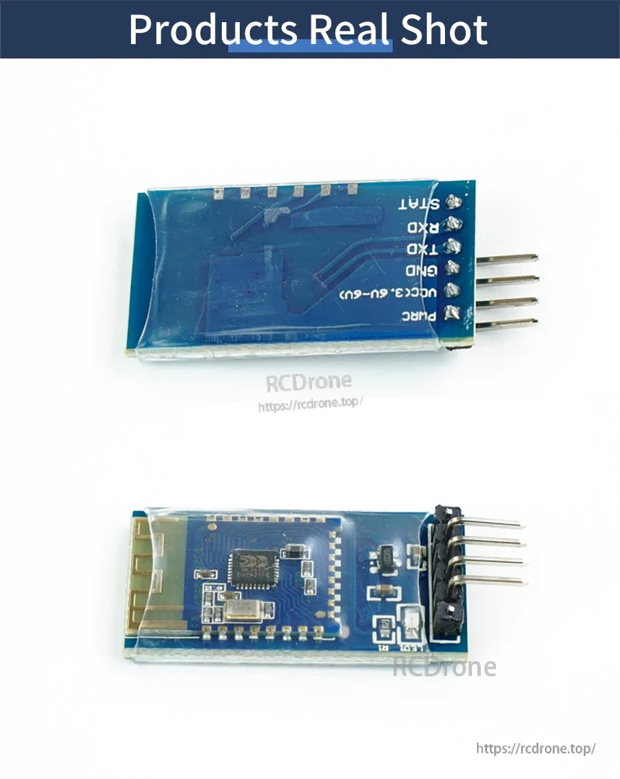 Real product photos of Yahboom Bluetooth 5.0 module showing both sides and labeled UART pins under sleeve