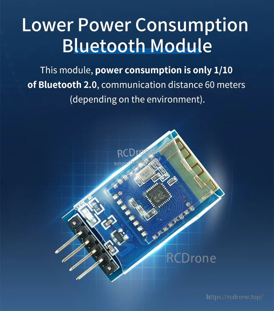 Low power BLE Bluetooth module graphic noting up to 60 m wireless link range (environment dependent)