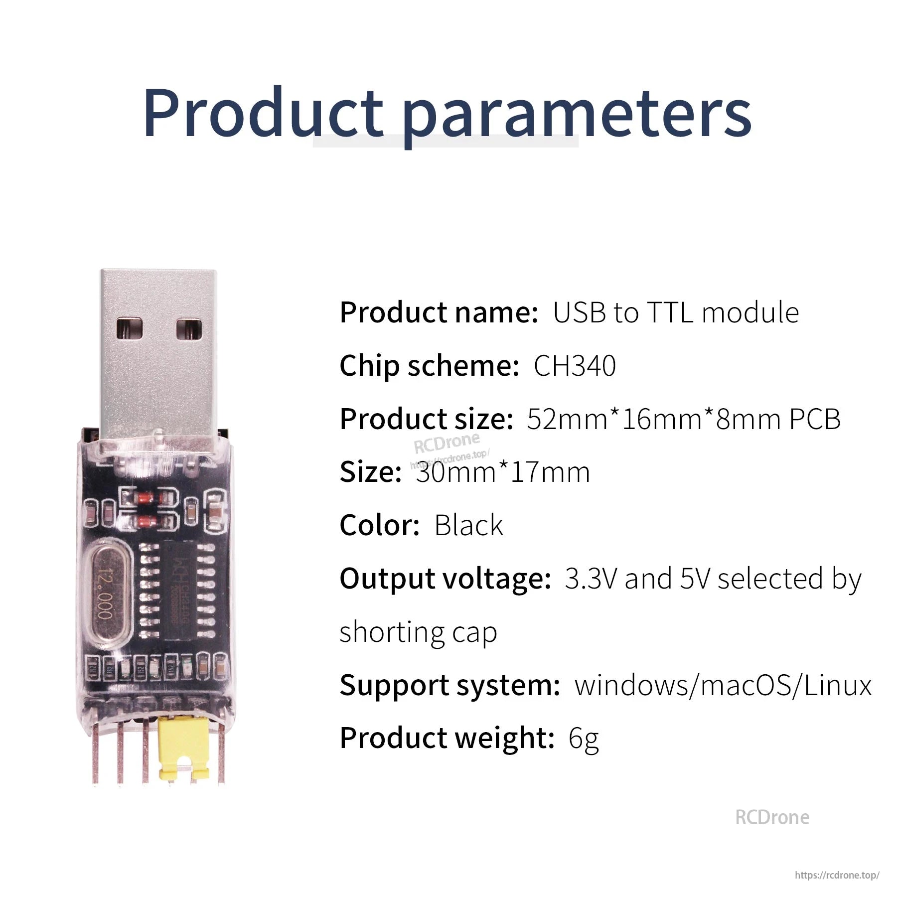 CH340 USB to TTL module product parameters chart with size, voltage selection by shorting cap, and OS support