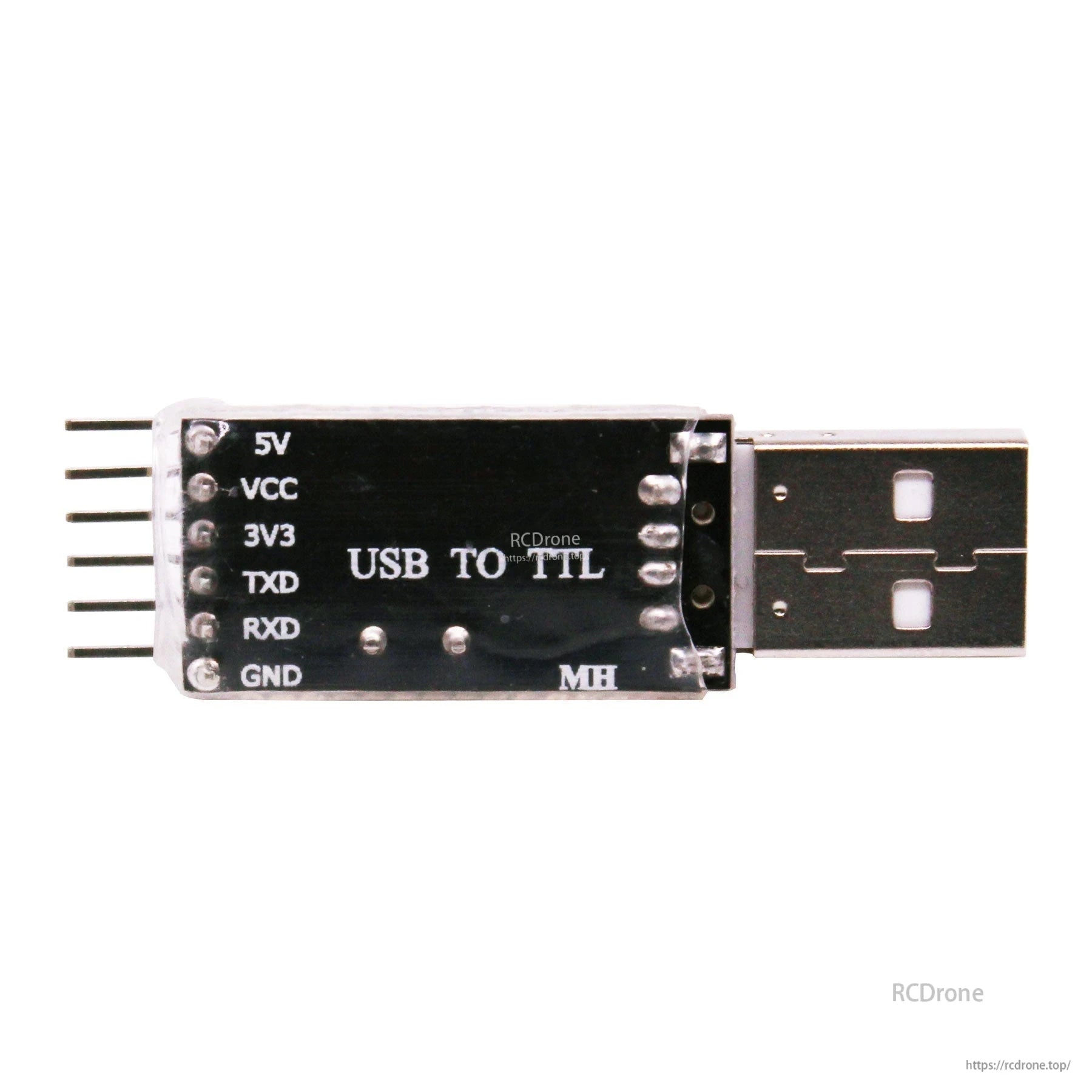 Top view of USB to TTL adapter showing printed pinout: 5V, VCC, 3V3, TXD, RXD, GND