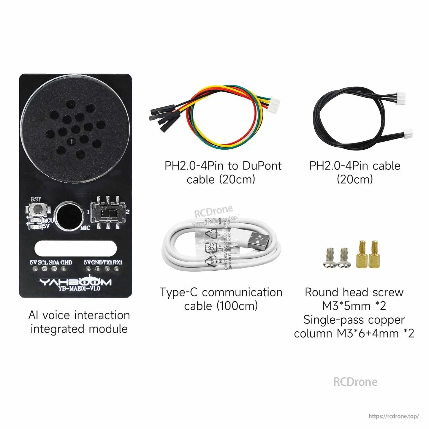 What’s in the box: CI1302 voice module, PH2.0 cables, Type‑C cable, copper standoffs, M3 screws