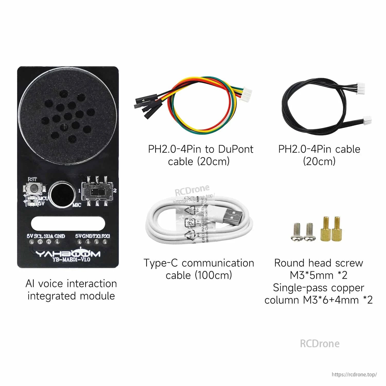 What’s in the box: CI1302 voice module, PH2.0 cables, Type‑C cable, copper standoffs, M3 screws