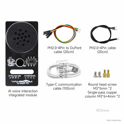 What’s in the box: CI1302 voice module, PH2.0 cables, Type‑C cable, copper standoffs, M3 screws