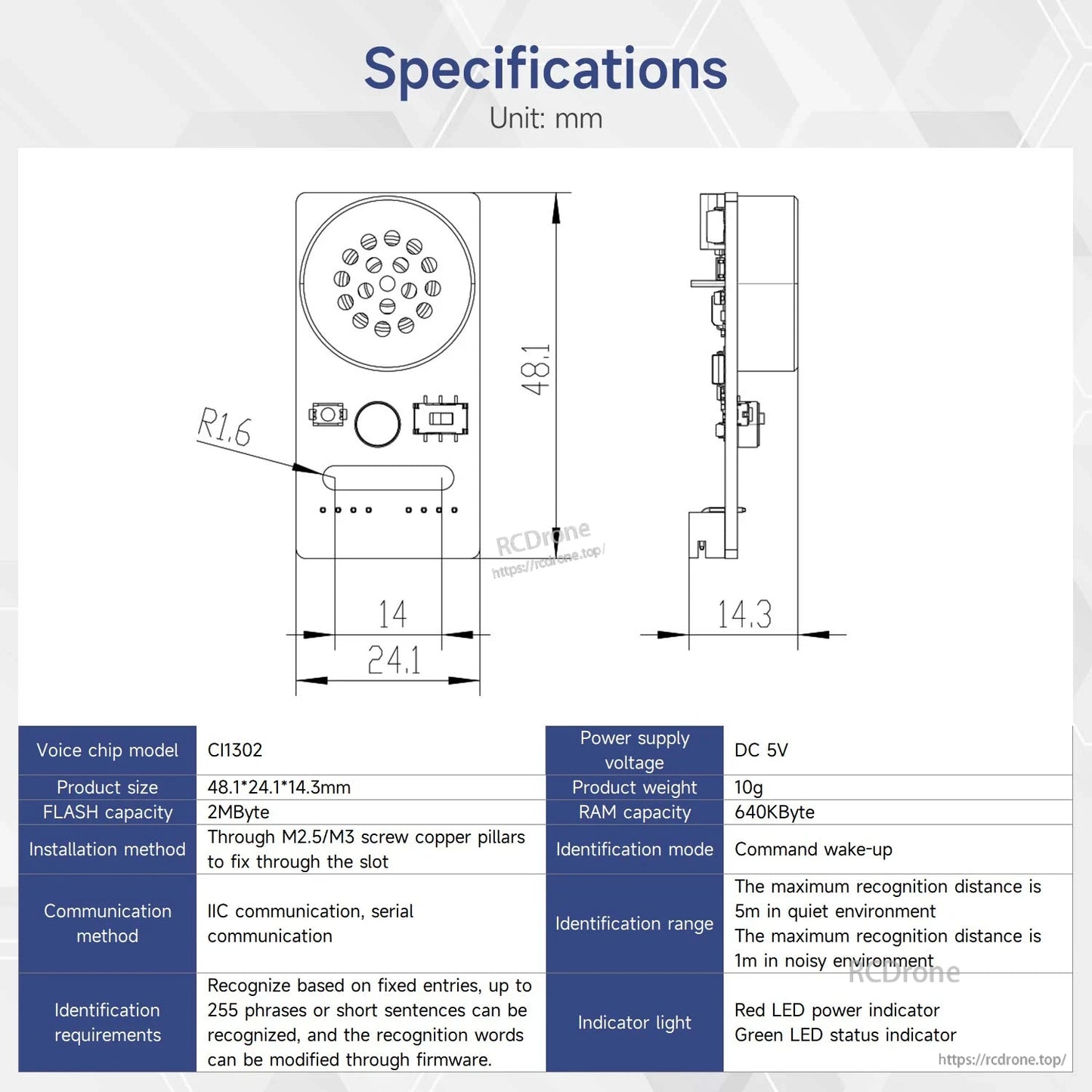CI1302 voice module specifications diagram with dimensions, DC 5V supply, 2MB flash, IIC/UART pins