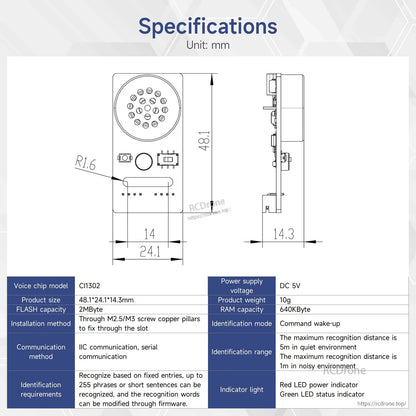 CI1302 voice module specifications diagram with dimensions, DC 5V supply, 2MB flash, IIC/UART pins
