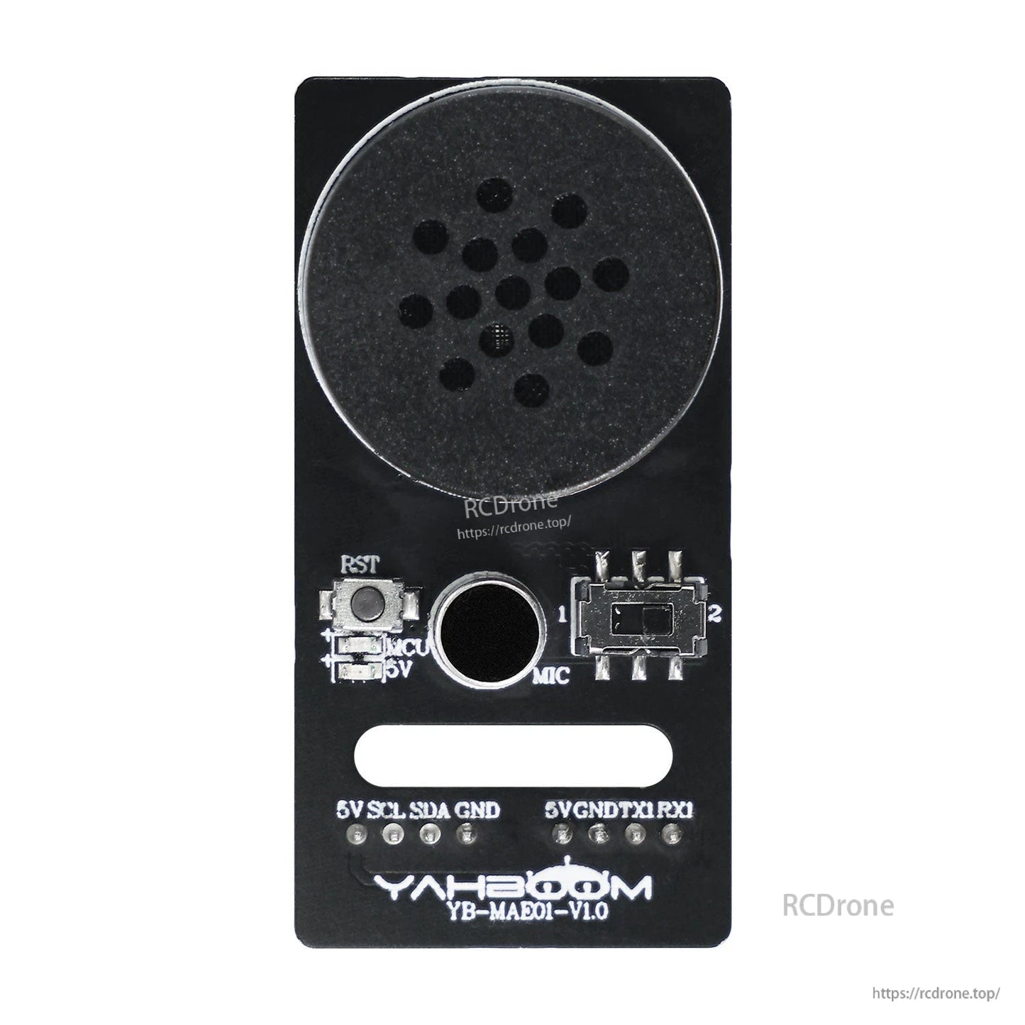 Front view of CI1302 voice interaction module showing speaker, microphone hole, reset button, slide switch