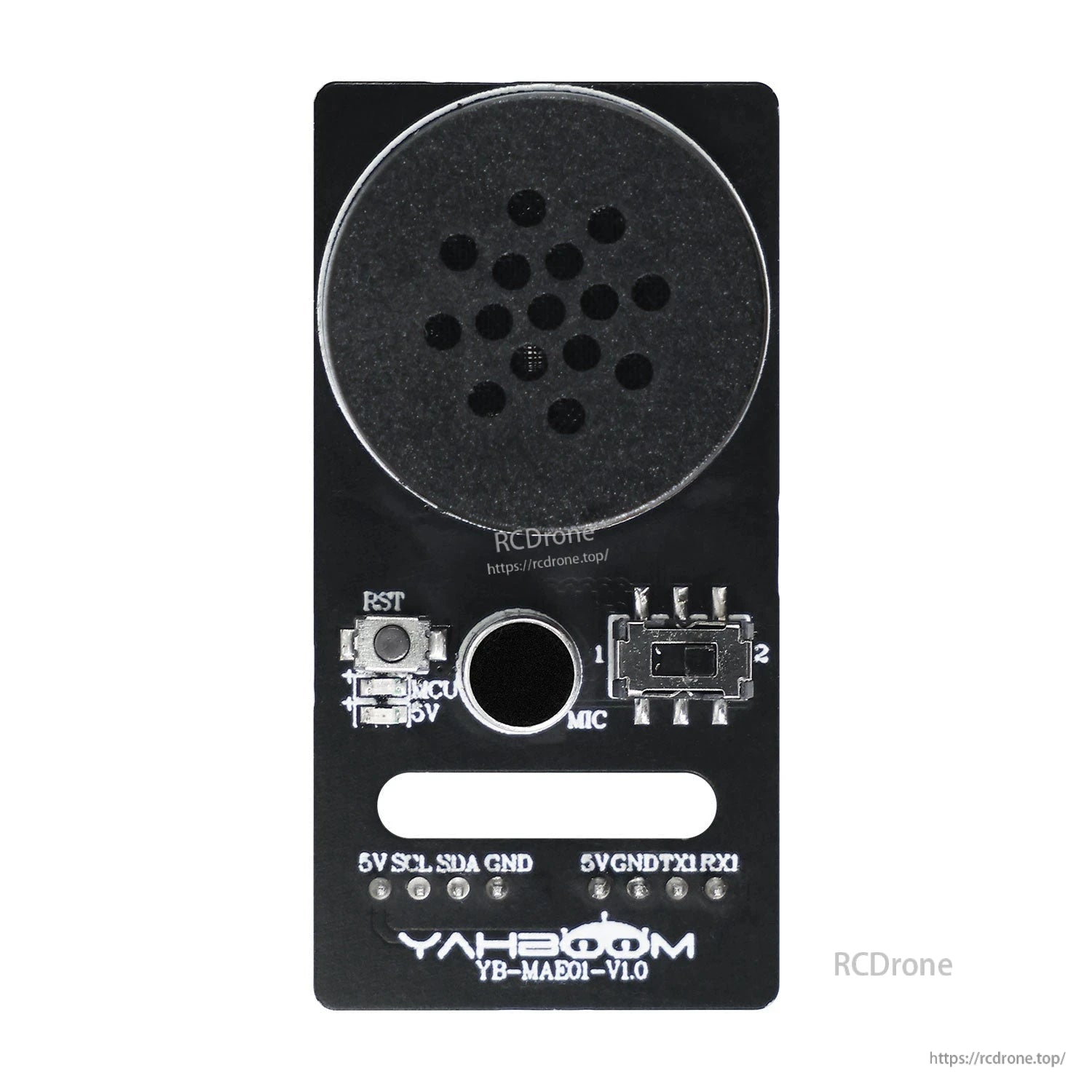 Front view of CI1302 voice interaction module showing speaker, microphone hole, reset button, slide switch