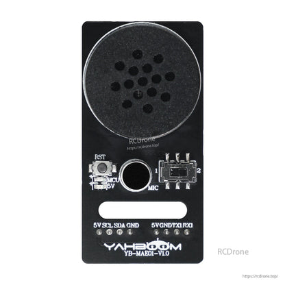Front view of CI1302 voice interaction module showing speaker, microphone hole, reset button, slide switch