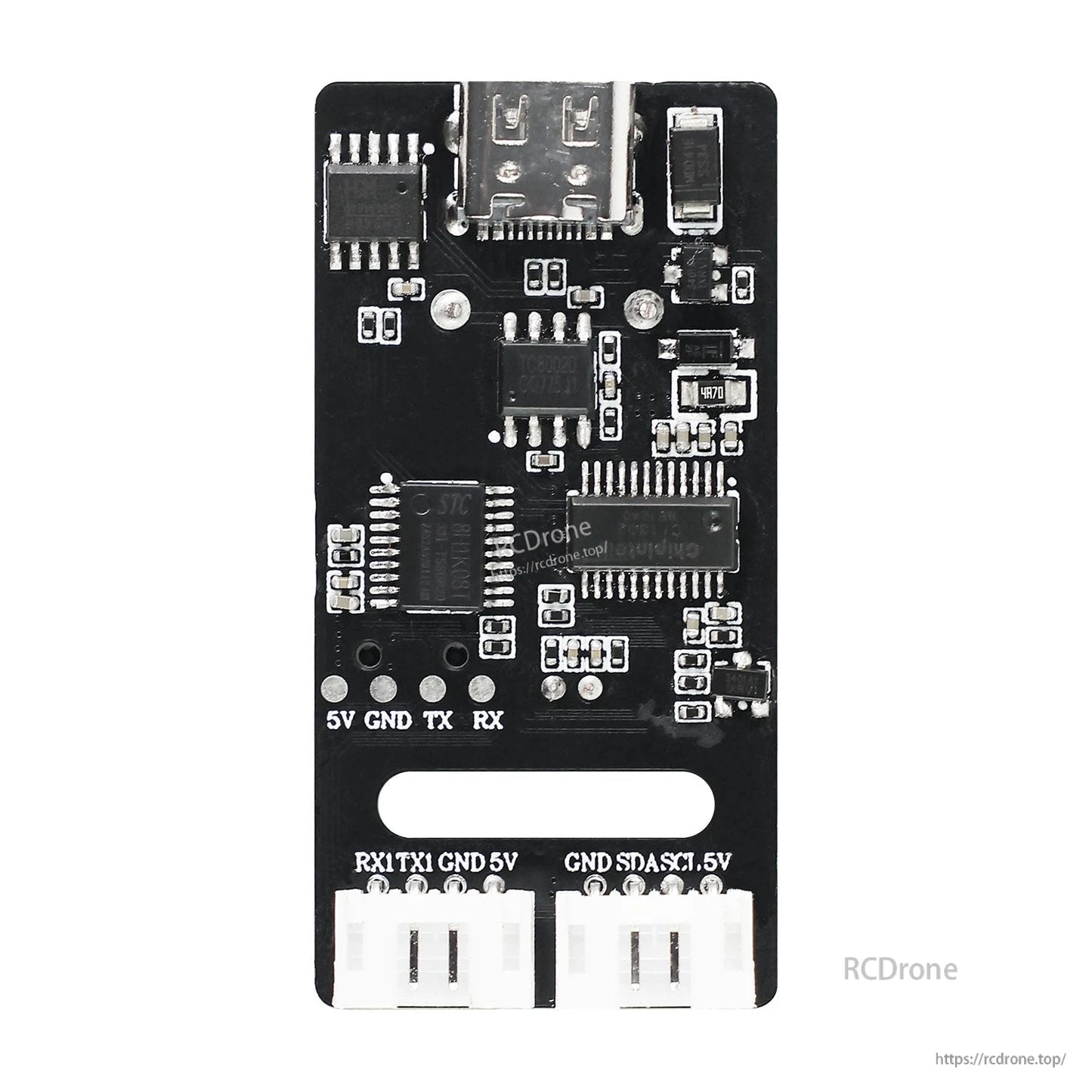 Rear PCB view showing Type‑C connector, ICs, and 4‑pin header pads for 5V GND TX RX