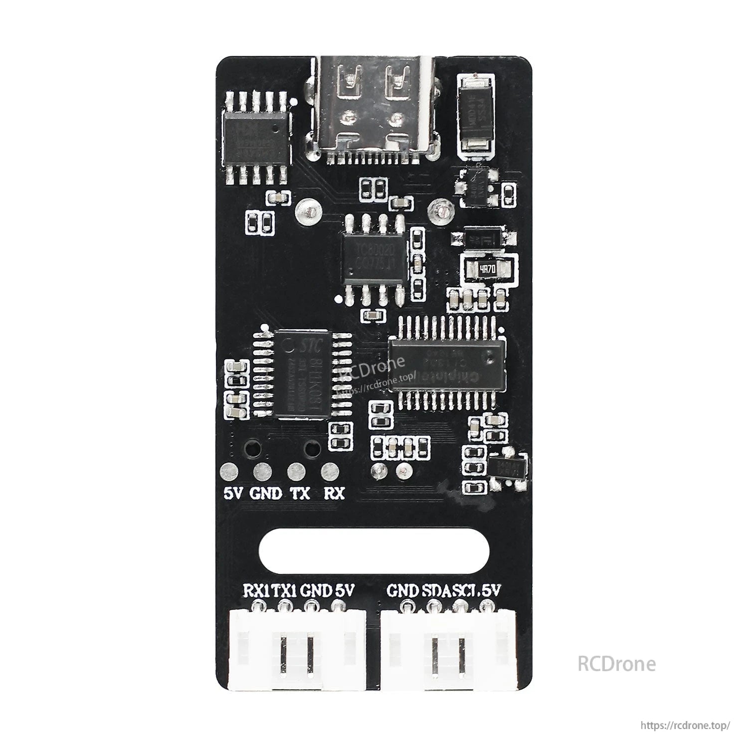 Rear PCB view showing Type‑C connector, ICs, and 4‑pin header pads for 5V GND TX RX