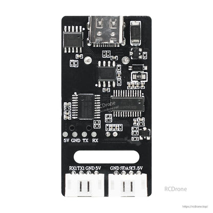 Rear PCB view showing Type‑C connector, ICs, and 4‑pin header pads for 5V GND TX RX